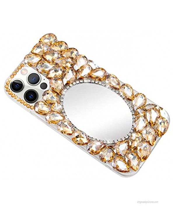 Compatible with iPhone 12 Pro Max Case,Rhinestone Makeup Mirror Phone Case,MOIKY Luxury Bling Sparkle Glitter 3D Diamond Crystal Clear Soft TPU Shockproof Protective Cover for iPhone 12 Pro Max,Yellow