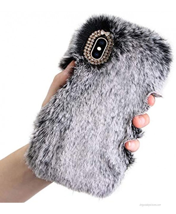 Gray Furry Case for Galaxy M31 M30S M20,Soft Case for Galaxy M31 M30S M20,Herzzer Stylish Fashionable Winter Warmed Faux Rabbit Fur Bunny Plush Flexible Cover with Chic Crystal 3D Bowknot