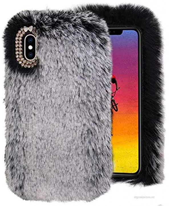 Gray Furry Case for Galaxy M31 M30S M20,Soft Case for Galaxy M31 M30S M20,Herzzer Stylish Fashionable Winter Warmed Faux Rabbit Fur Bunny Plush Flexible Cover with Chic Crystal 3D Bowknot