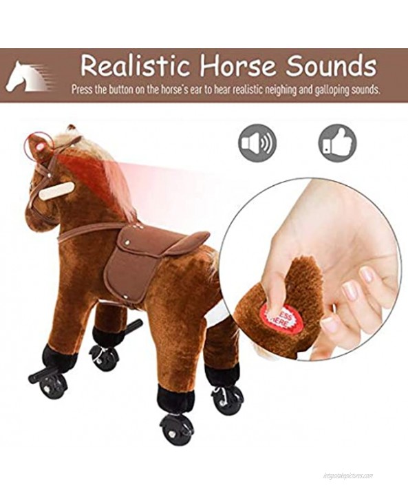 UP6Per Riding Toys 24 inch Brown Horse Ride-On Toys Kids Interactive Plush Mechanical Walking Ride On Horse Toy with Wheels Ride on Horse